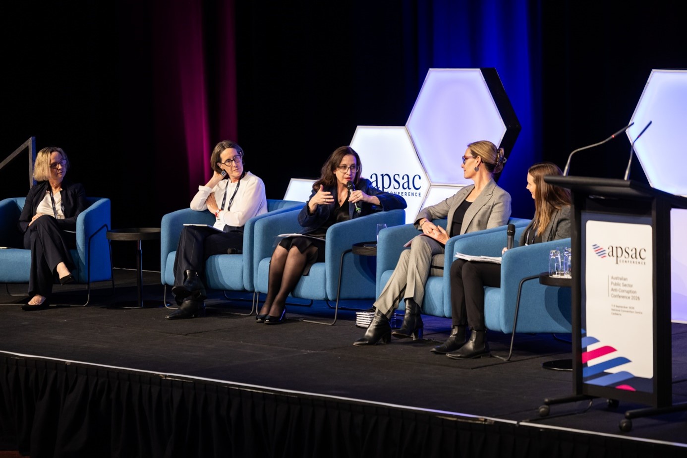 A panel discussion at APSACC on police integrity, featuring (L-R): Sarah Hoff (IPCA NZ), Anina Johnson (LECC), Kylie Kilgour (NACC), Liana Buchanan (IBAC) and Emily Scott (IBAC).