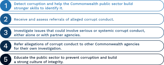 The NACC's five key areas of activity: detect corruption and help the Commonwealth public sector build stronger skills to identify it; receive and assess referrals of alleged corrupt conduct; investigate issues that could involve serious or systemic corrupt conduct, either alone or with partner agencies; refer allegations of corrupt conduct to other Commonwealth agencies for their own investigation; educate the public sector to prevent corruption and build a strong culture of integrity. 